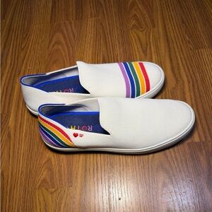 Rothy's White Slip-On Sneakers with Rainbow Stripes